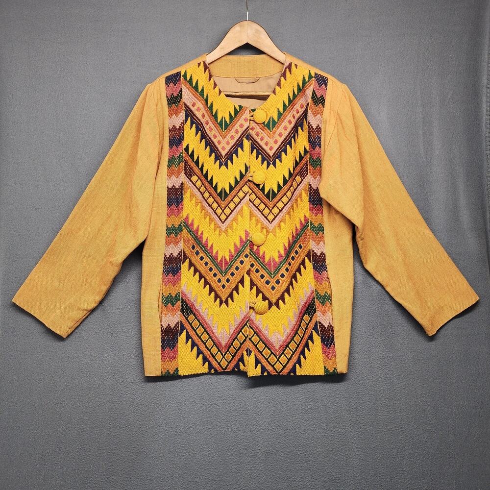 Artes Tipicas Tecum Jacket Womens Medium Yellow Guatemalan Woven Cotton Boho